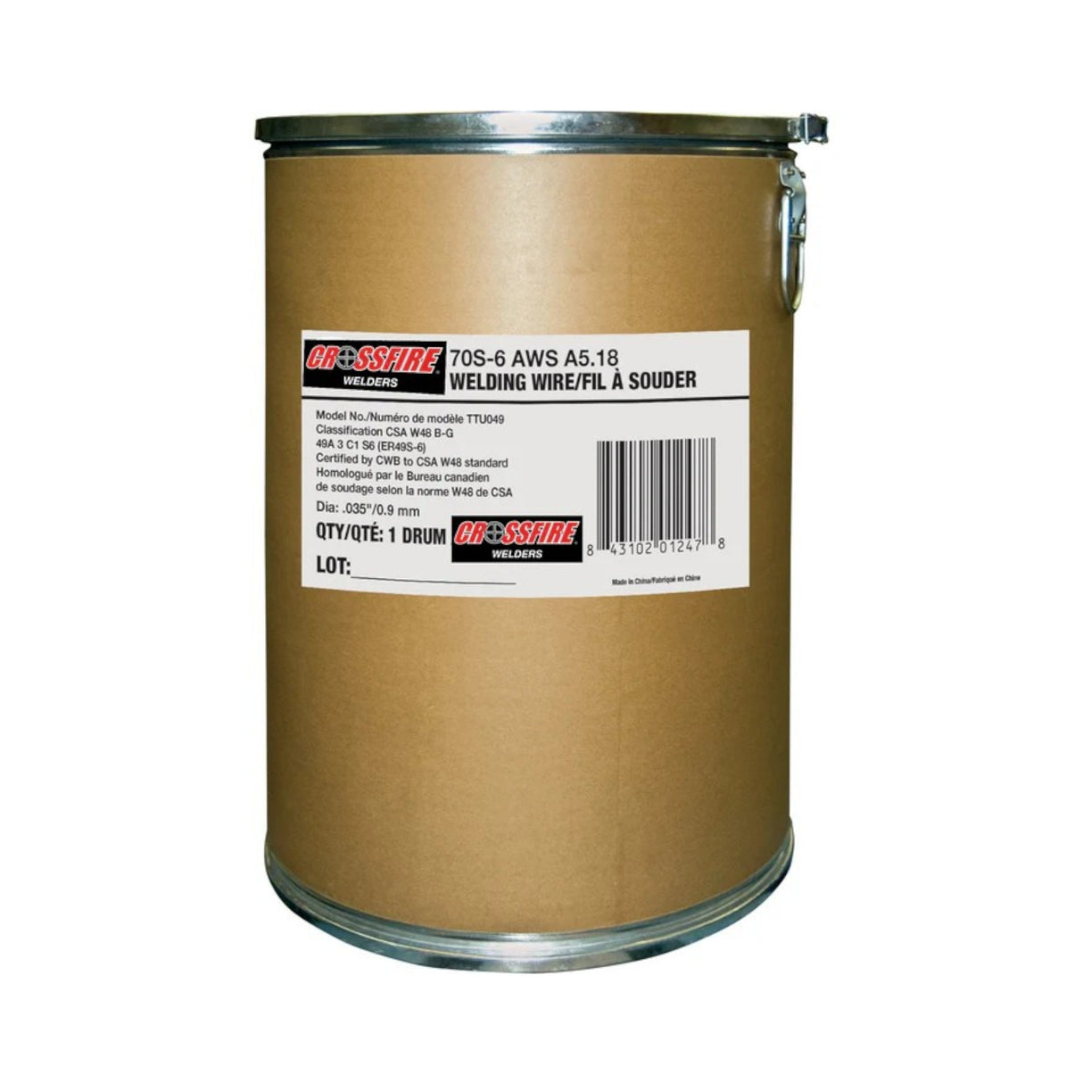 Drum of MIG welding wire steel front facing with label
