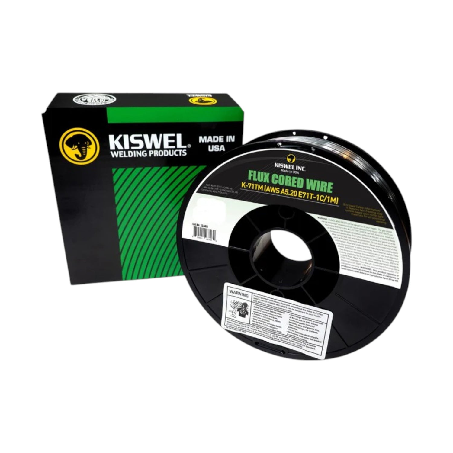 Kiswel welding wire spool and box with label flux cored wire