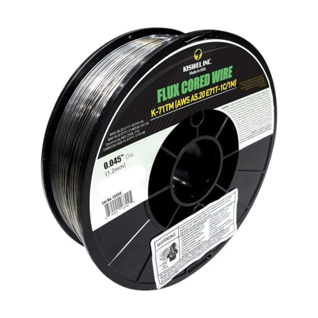 Flux core welding wire spool front facing with label 